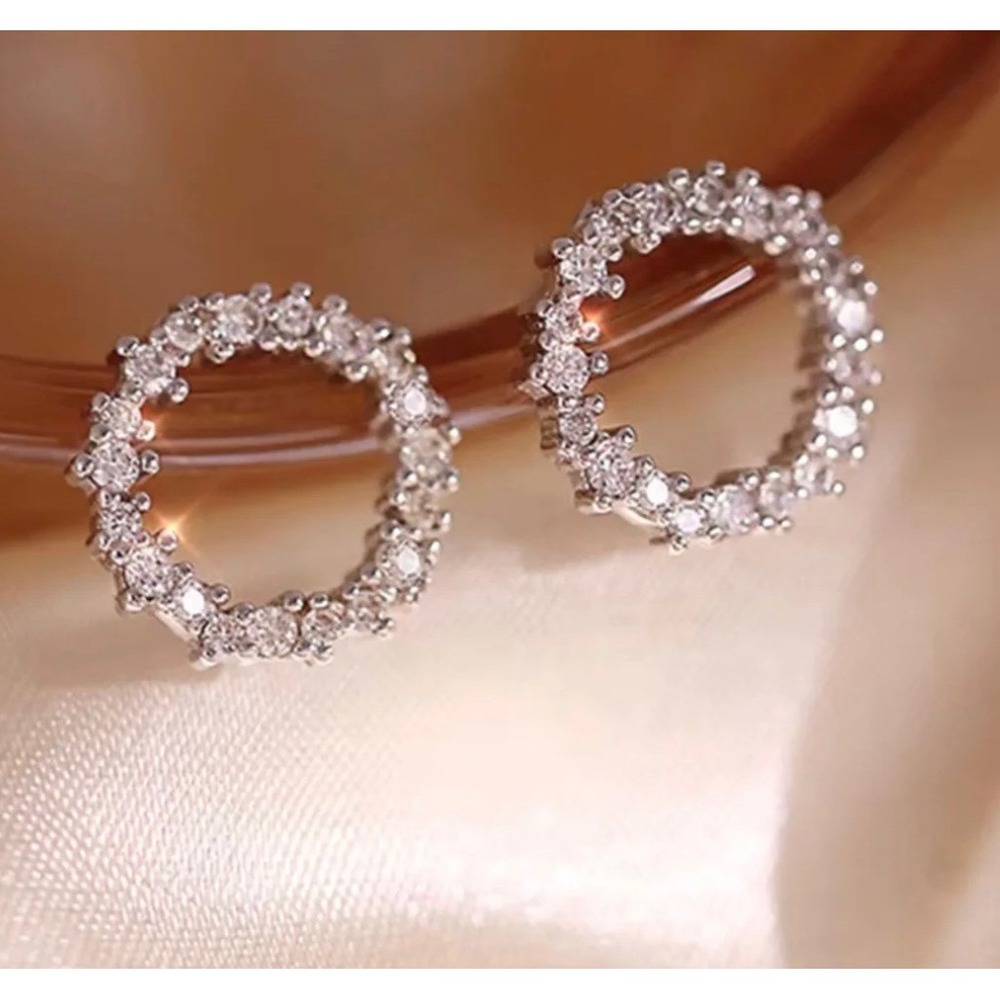 925 Sterling Silver Circle Pave CZ Stud Earrings 14k Gold Plated Open Hoop Round